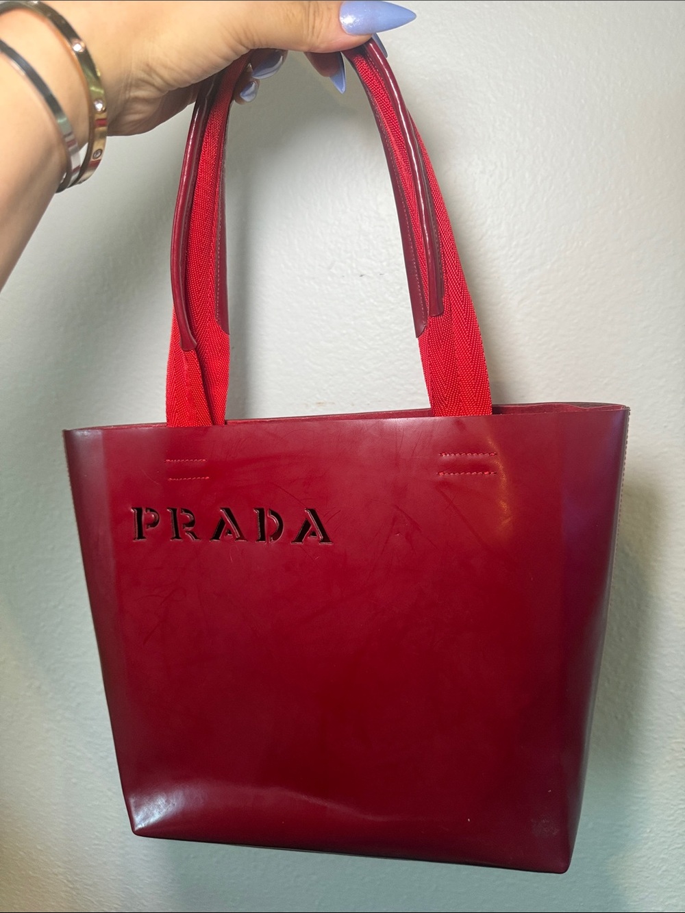 Prada Red Patent Tote with Cutout Logo